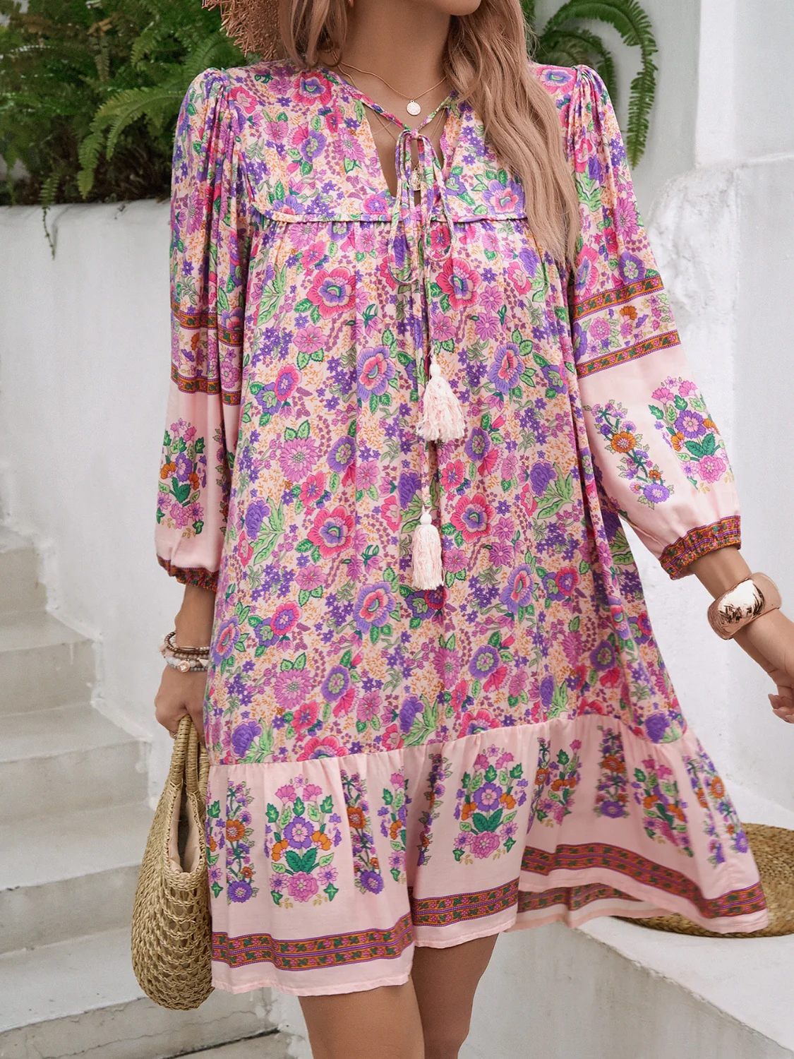 Devine Tassel Floral Tie Neck Mini Dress - Image 3