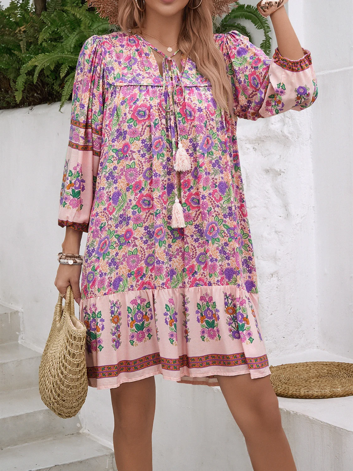 Devine Tassel Floral Tie Neck Mini Dress - Image 4
