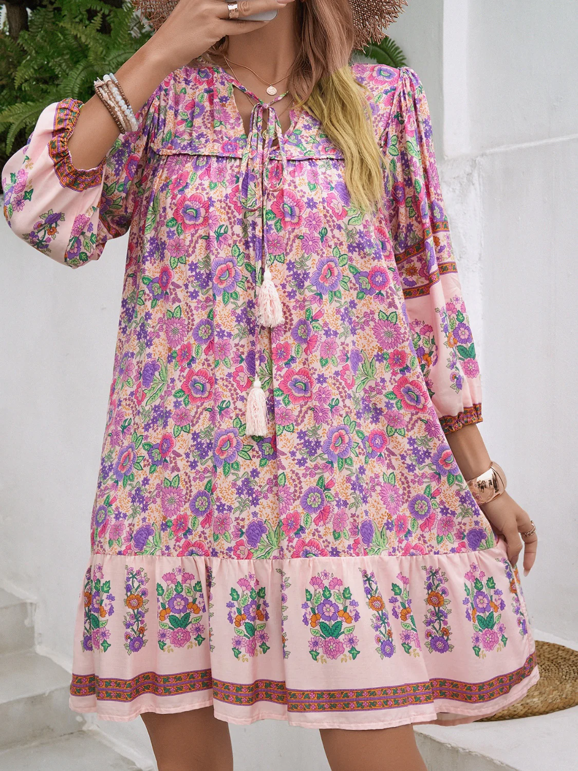 Devine Tassel Floral Tie Neck Mini Dress - Image 5