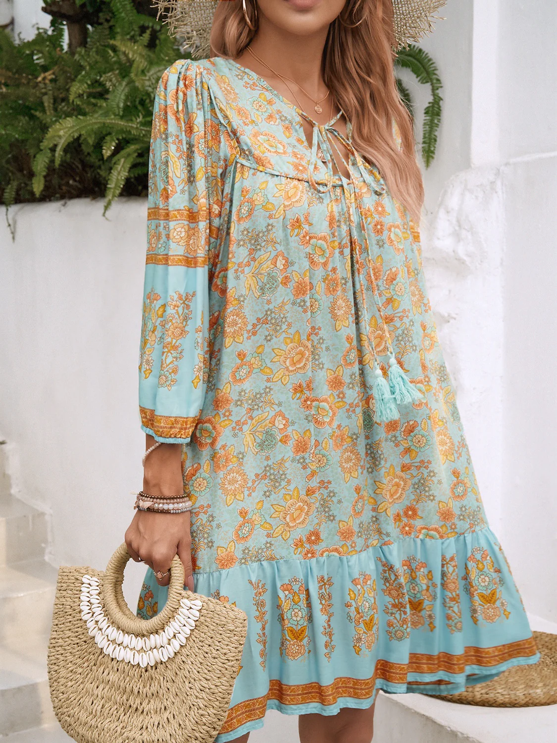 Devine Tassel Floral Tie Neck Mini Dress - Image 9