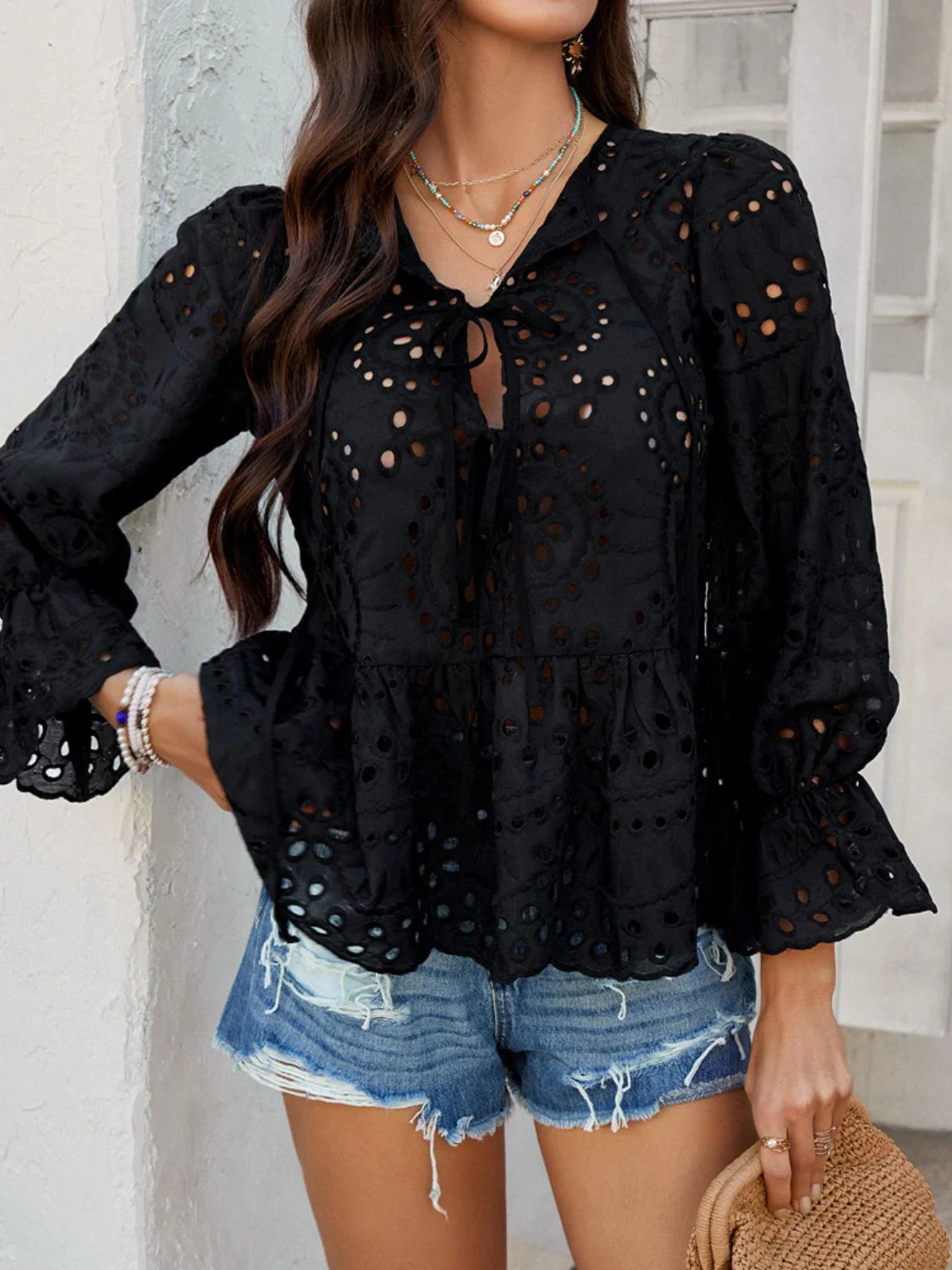 Devine Tie Front Flounce Sleeve Peplum Blouse - Image 8