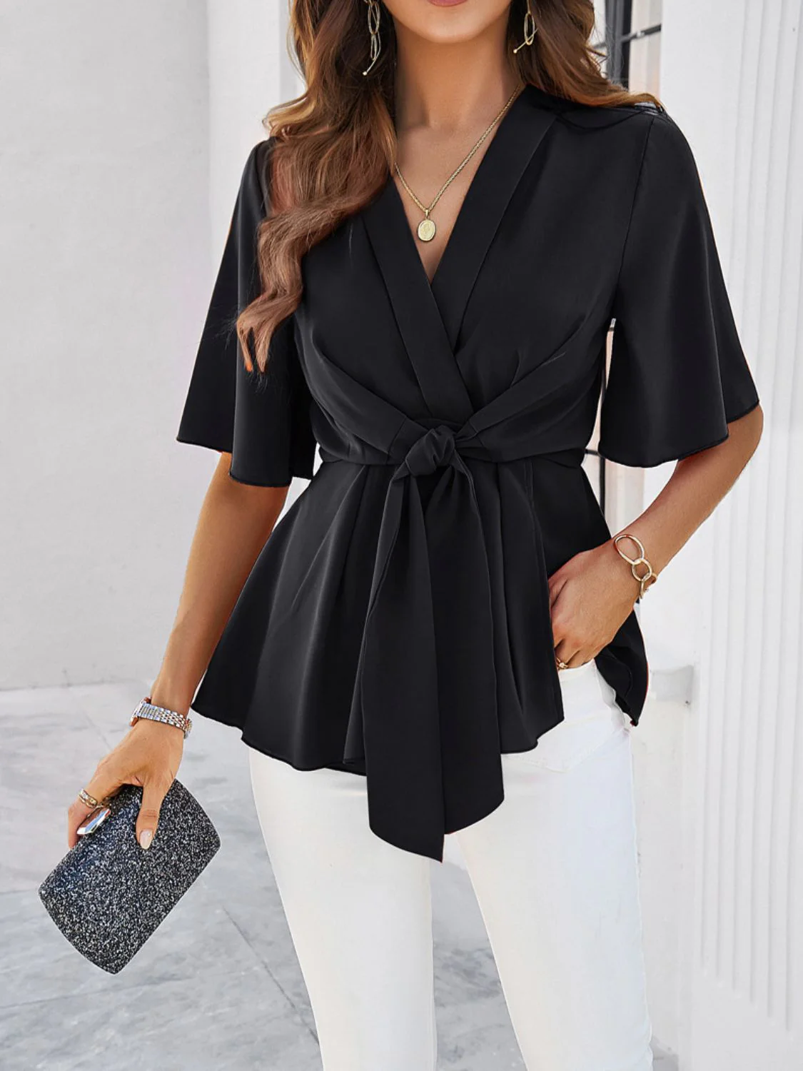 Devine Tied Front Peplum Blouse - Image 13