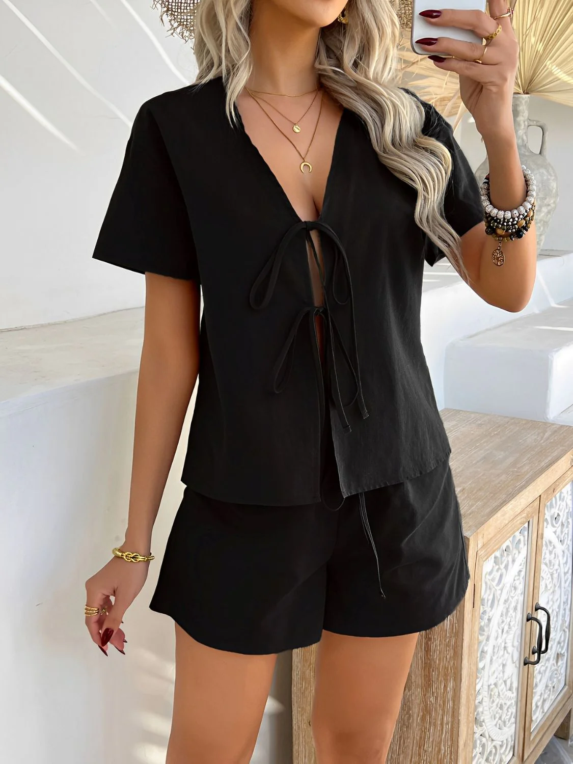 Devine Tied V-Neck Short Sleeve Top and Shorts Set - Image 15