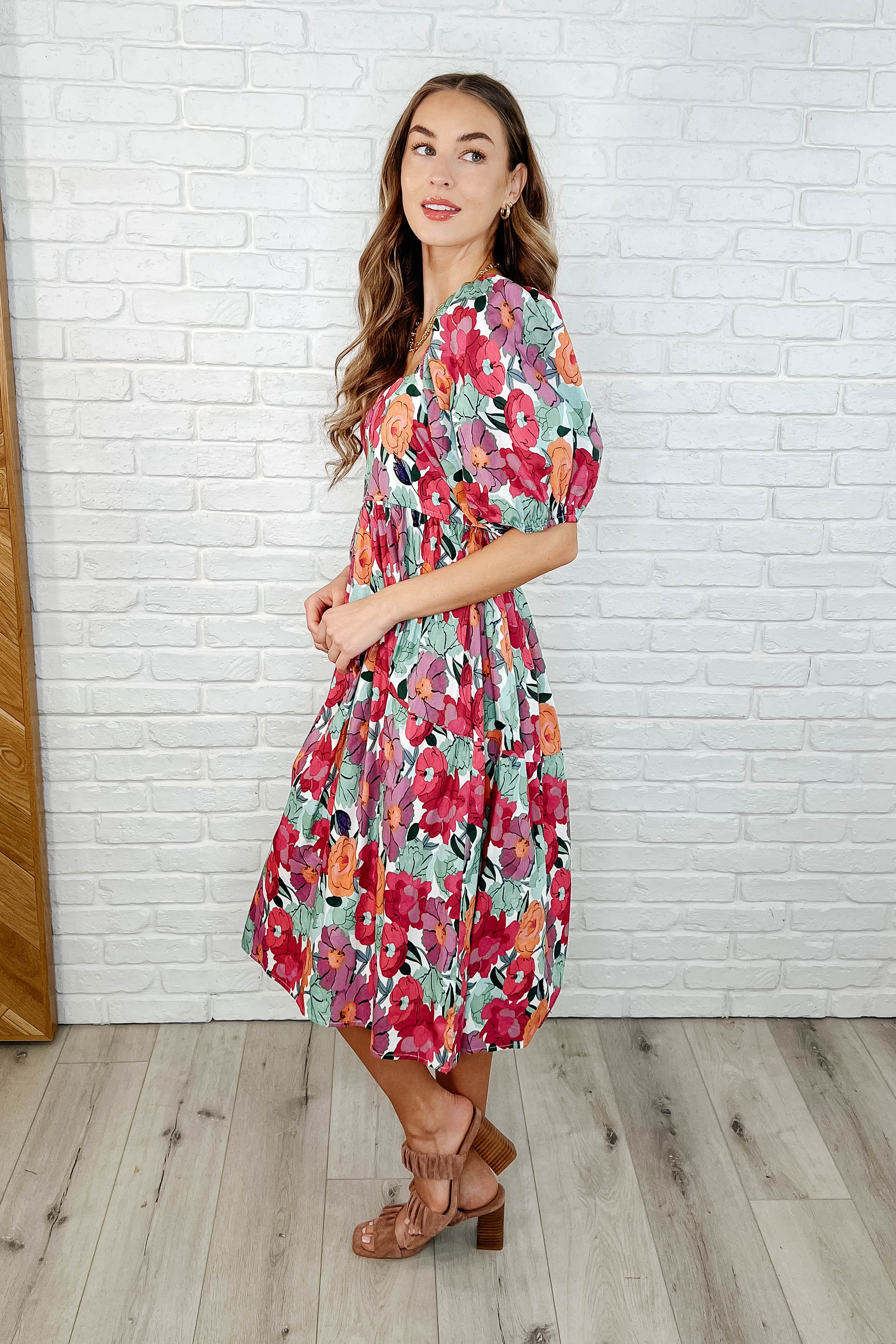 Dewdrop Blooms Puff Sleeve Floral Dress - Image 3