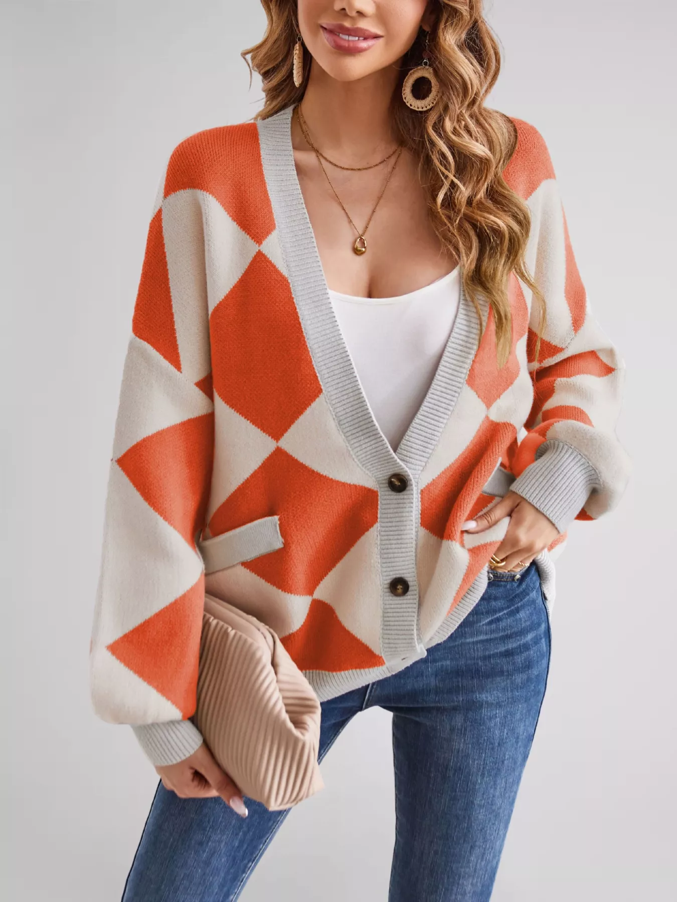 Diamond Pattern Button-Up Knit Cardigan - Image 20