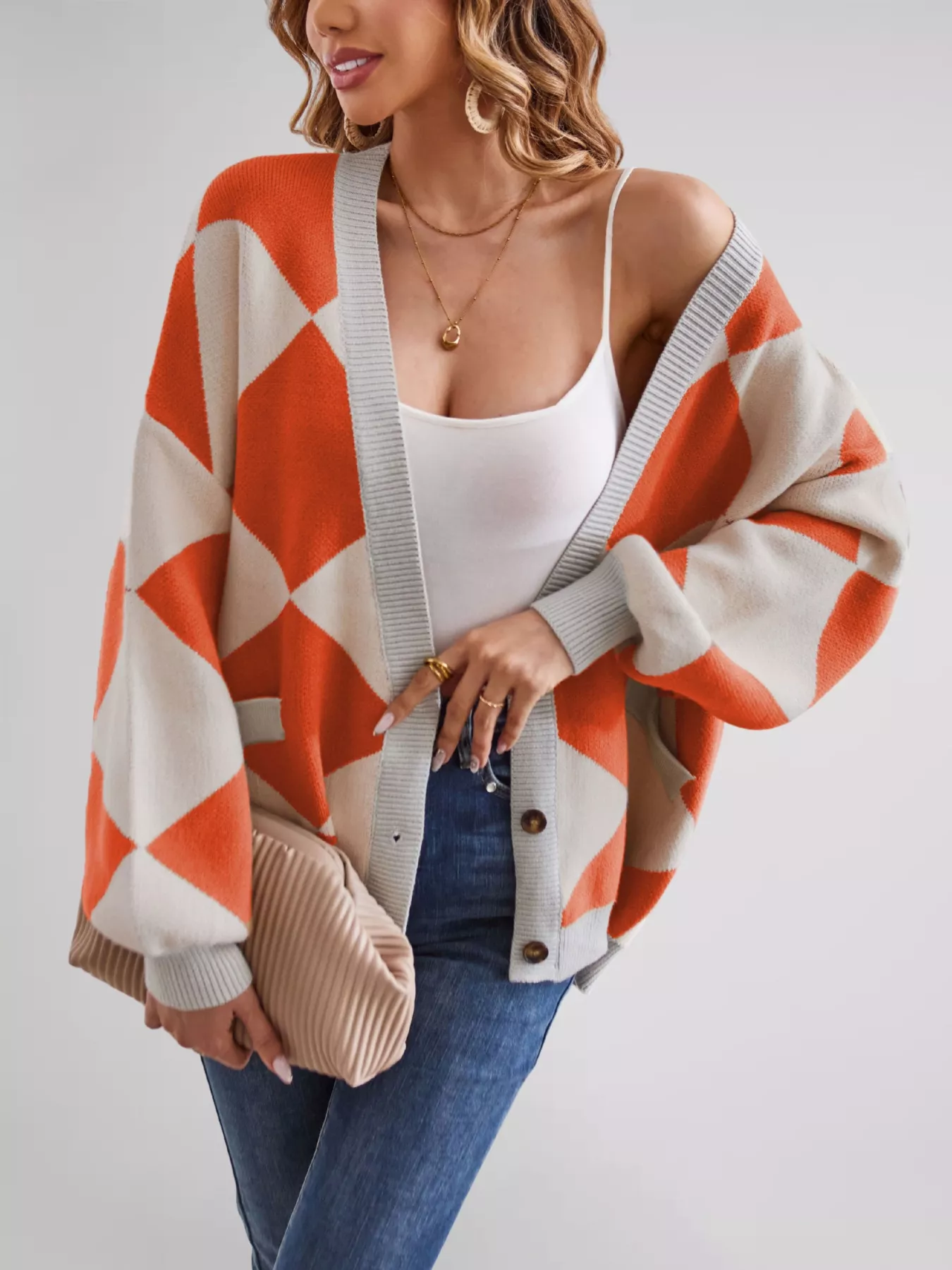 Diamond Pattern Button-Up Knit Cardigan - Image 25