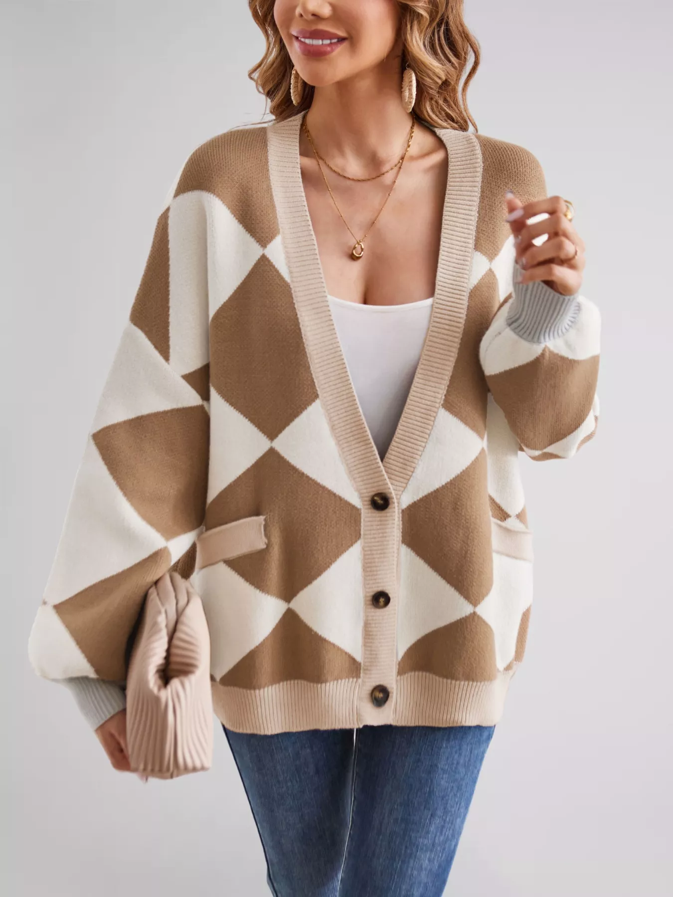 Diamond Pattern Button-Up Knit Cardigan - Image 3