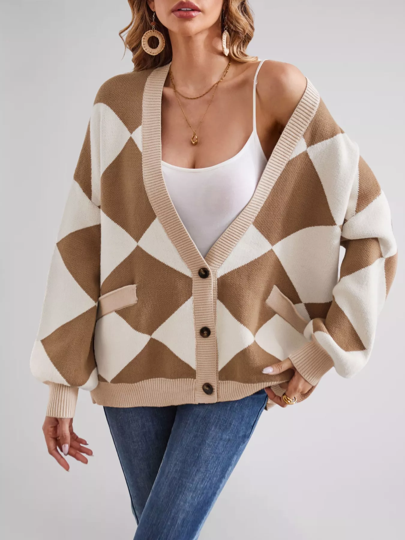 Diamond Pattern Button-Up Knit Cardigan - Image 4