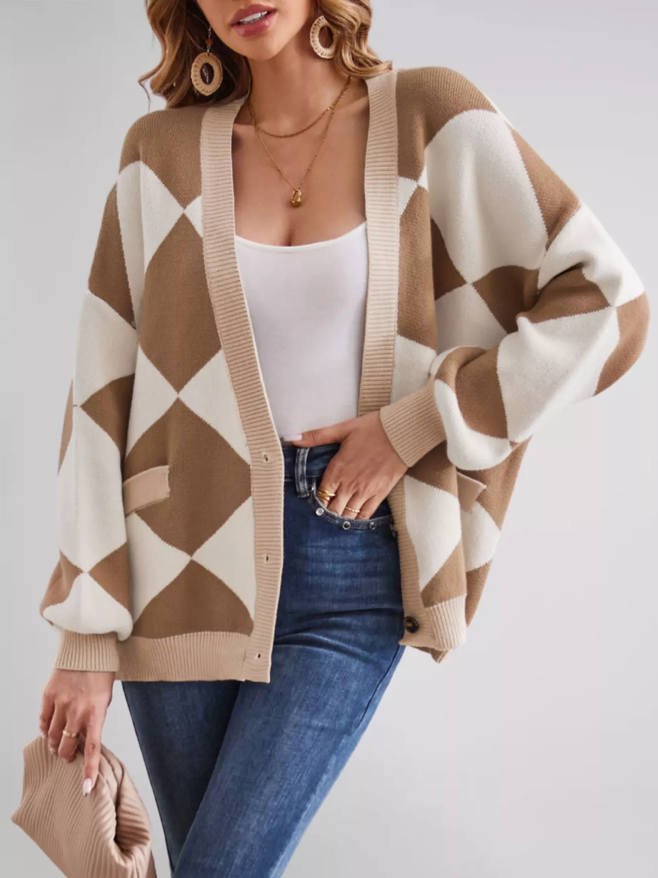 Diamond Pattern Button-Up Knit Cardigan - Image 5