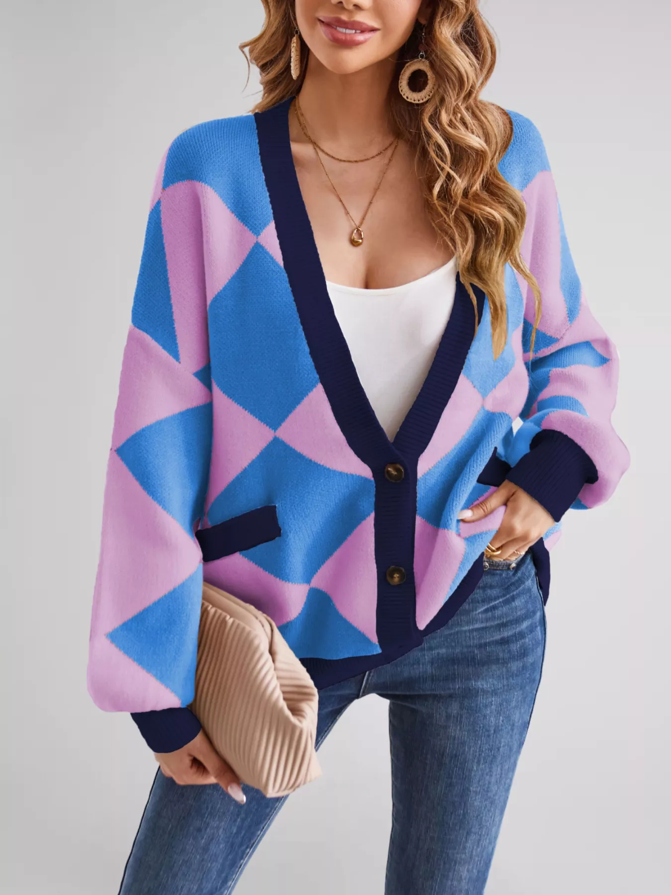 Diamond Pattern Button-Up Knit Cardigan - Image 7