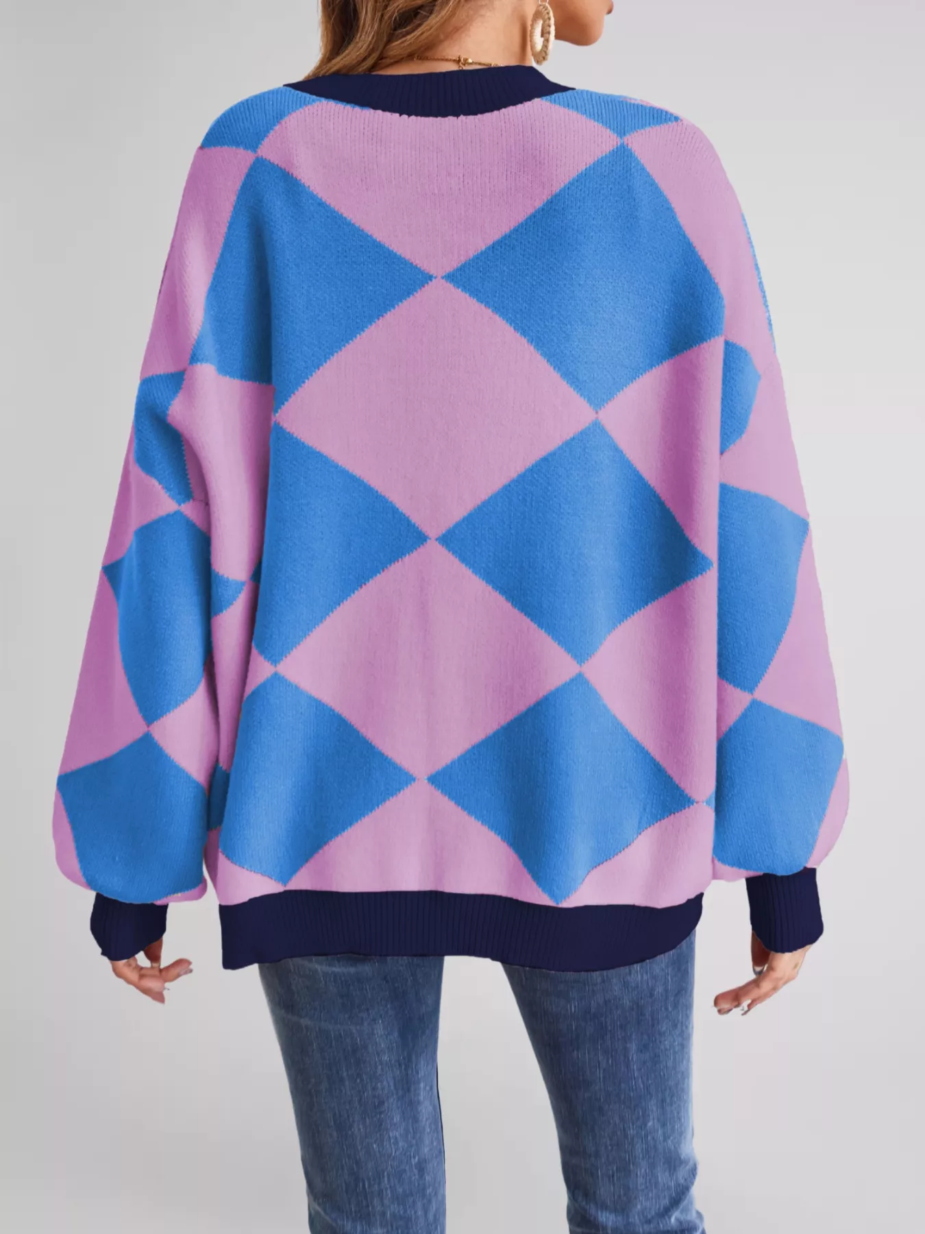 Diamond Pattern Button-Up Knit Cardigan - Image 9