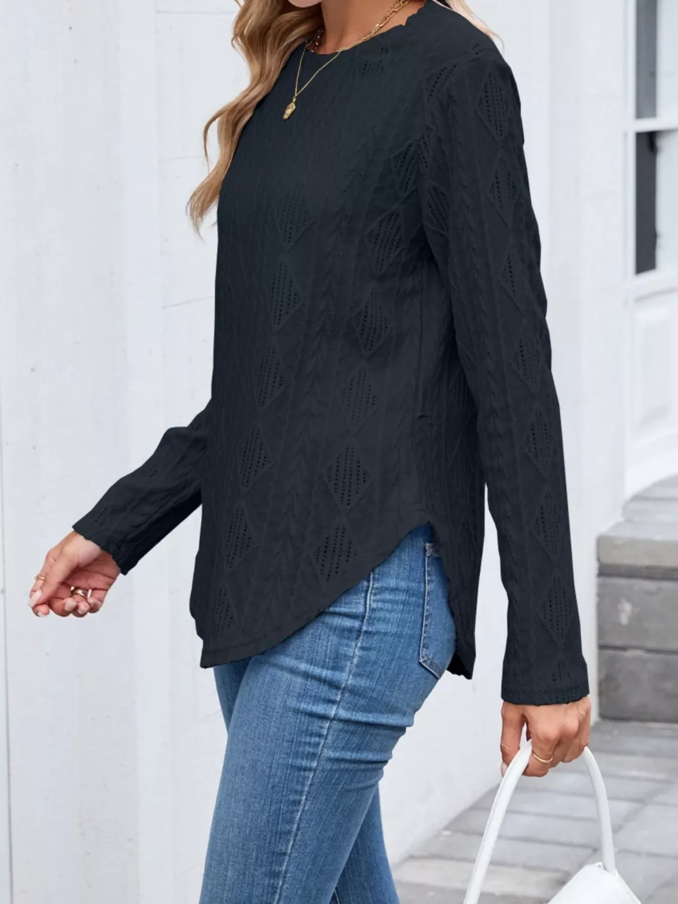 Diamond Pattern Knit Long Sleeve T-Shirt - Image 24