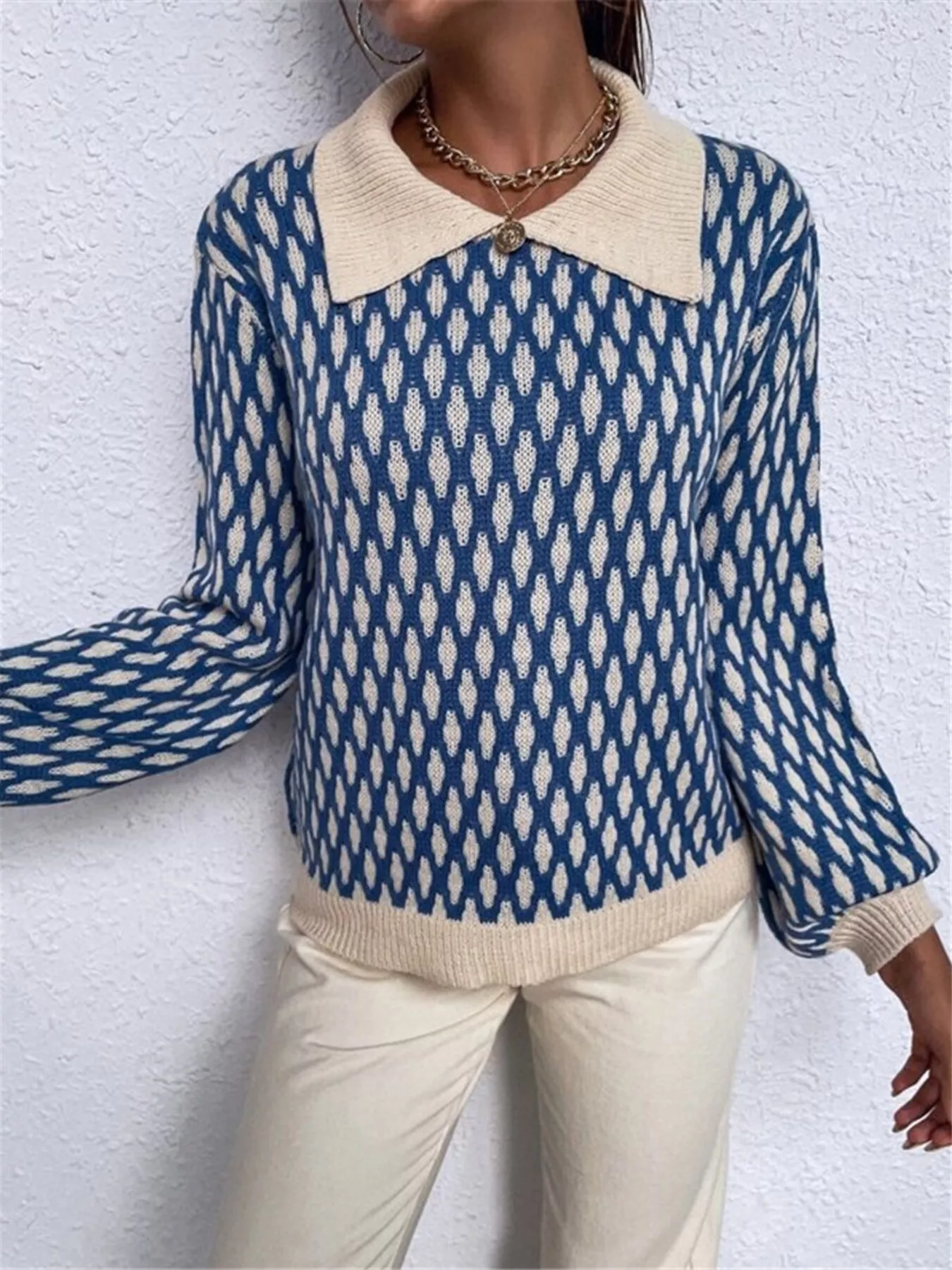 Diamond Pattern Peter Pan Collar Sweater - Image 3