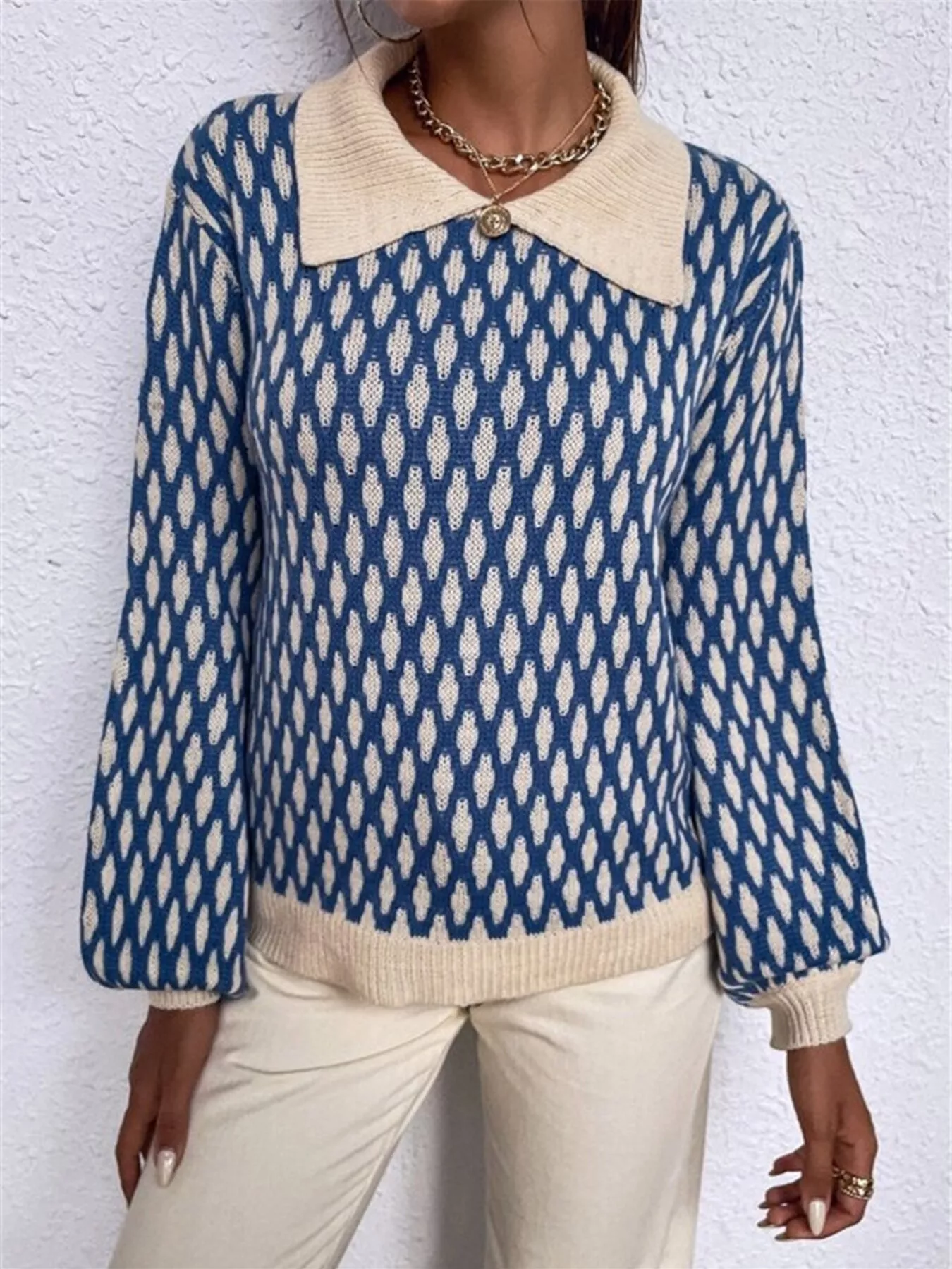 Diamond Pattern Peter Pan Collar Sweater - Image 5