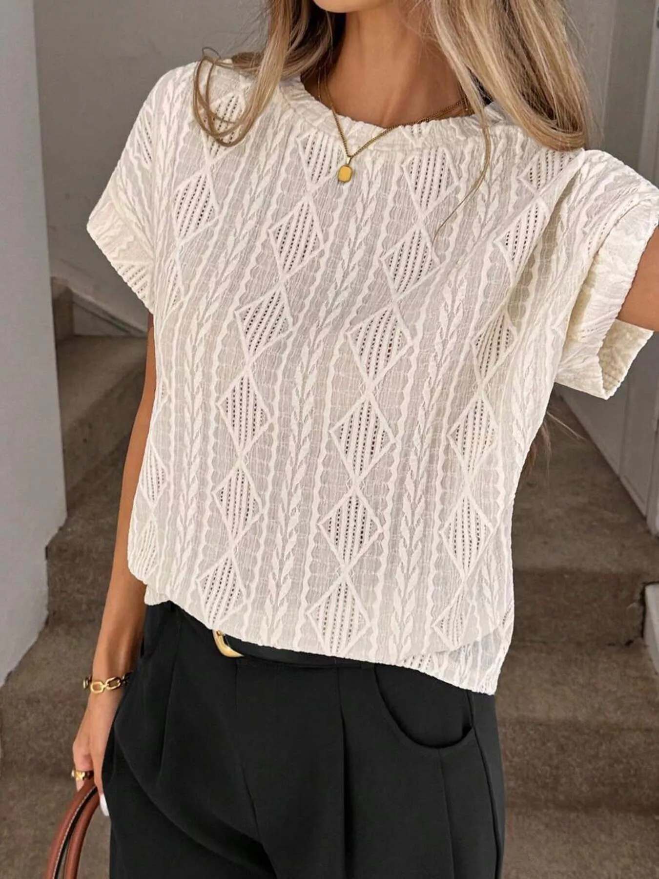 Diamond Pattern Round Neck Top - Image 4