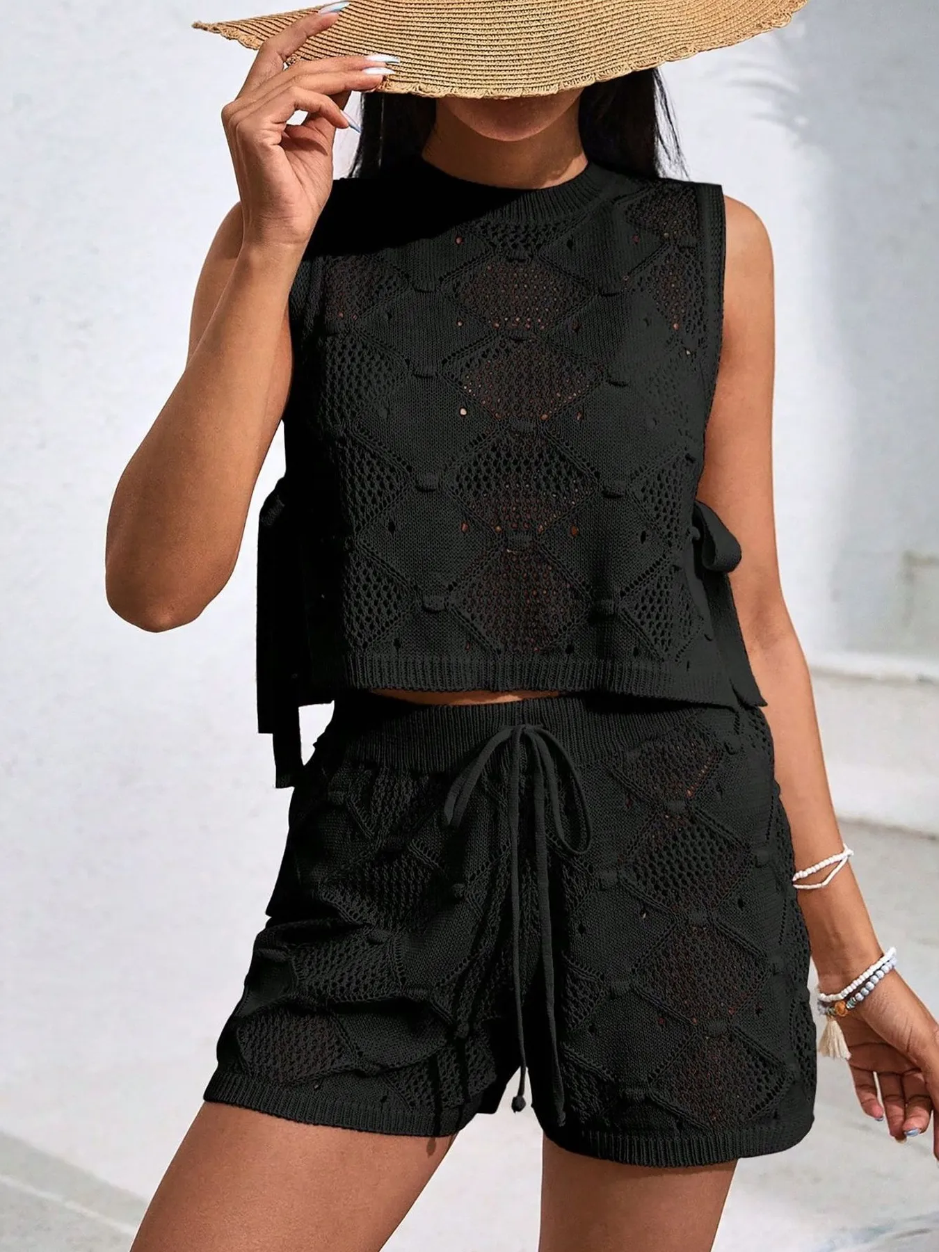 Diamond Pattern Sleeveless Top and Shorts Knit Set - Image 11