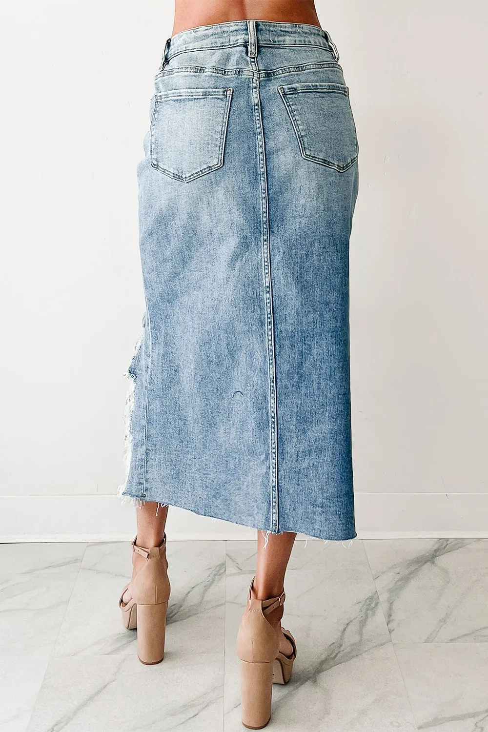 Distressed Asymmetrical Denim Skirt with Frayed Hem - Image 3