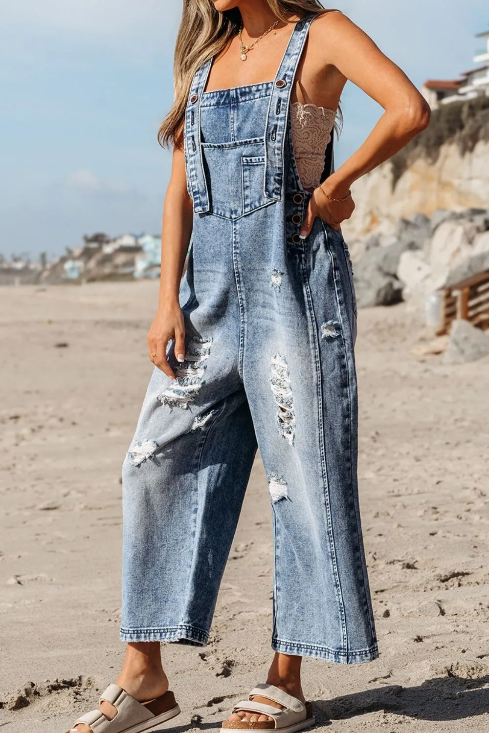 Distressed Bib Pocket Wide Leg Denim Overalls - Image 3