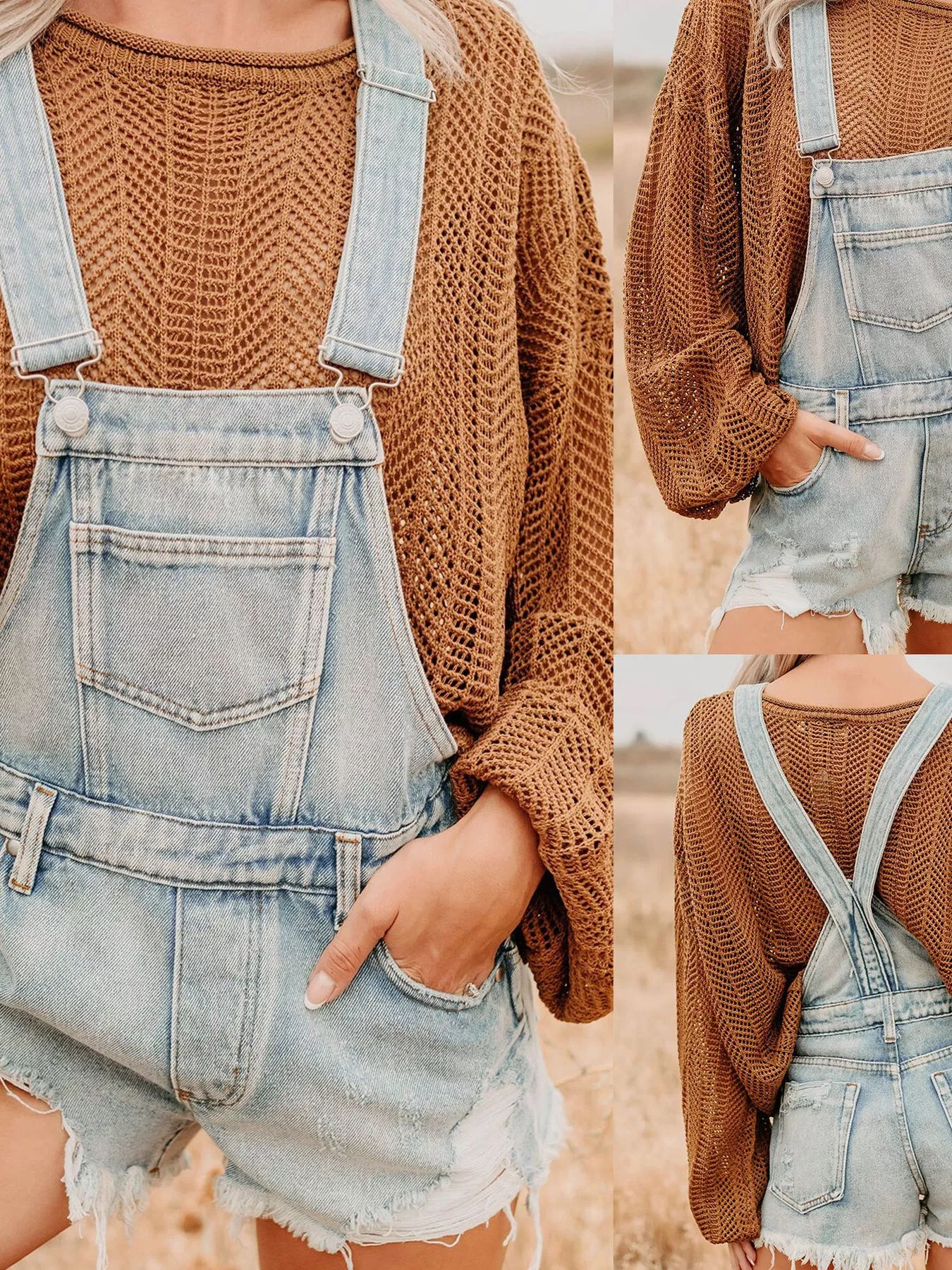 Distressed Denim Overalls Shorts - Image 4