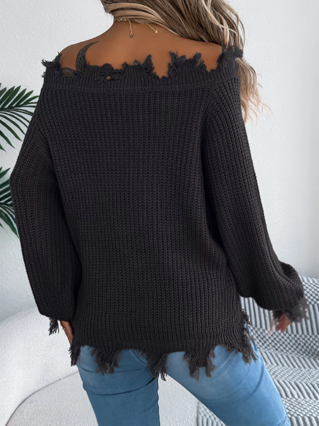 Distressed Hem Openwork Off-Shoulder Sweater - Image 12