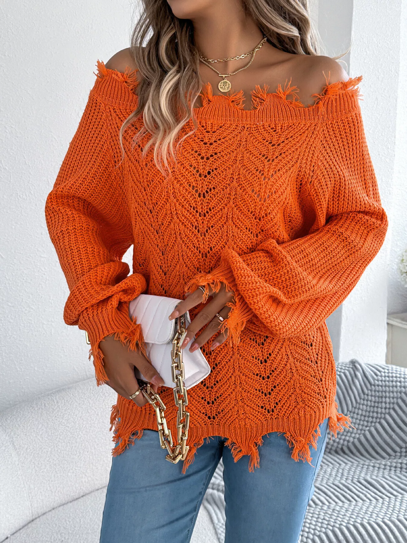 Distressed Hem Openwork Off-Shoulder Sweater - Image 5