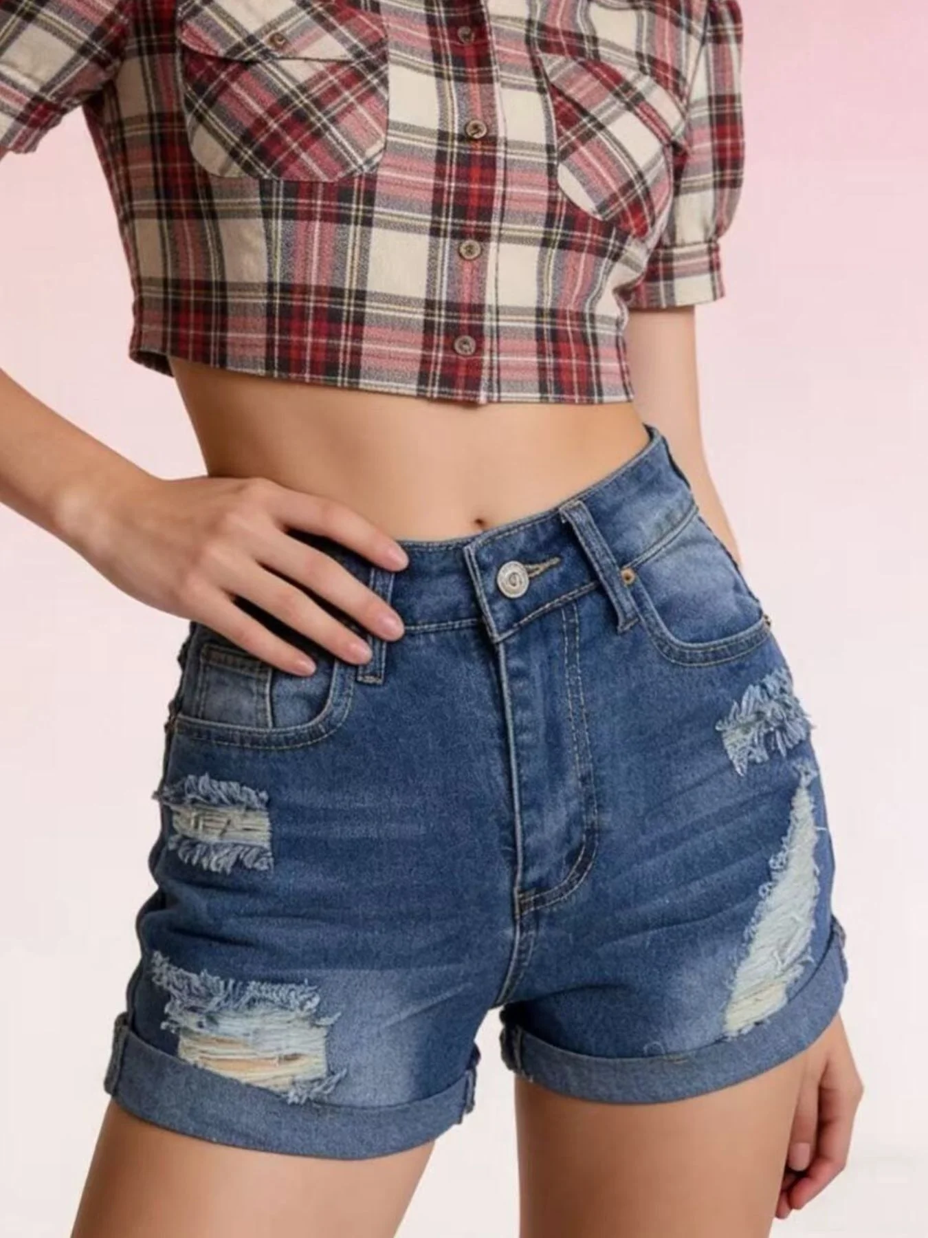 Distressed High-Waisted Denim Shorts - Image 5