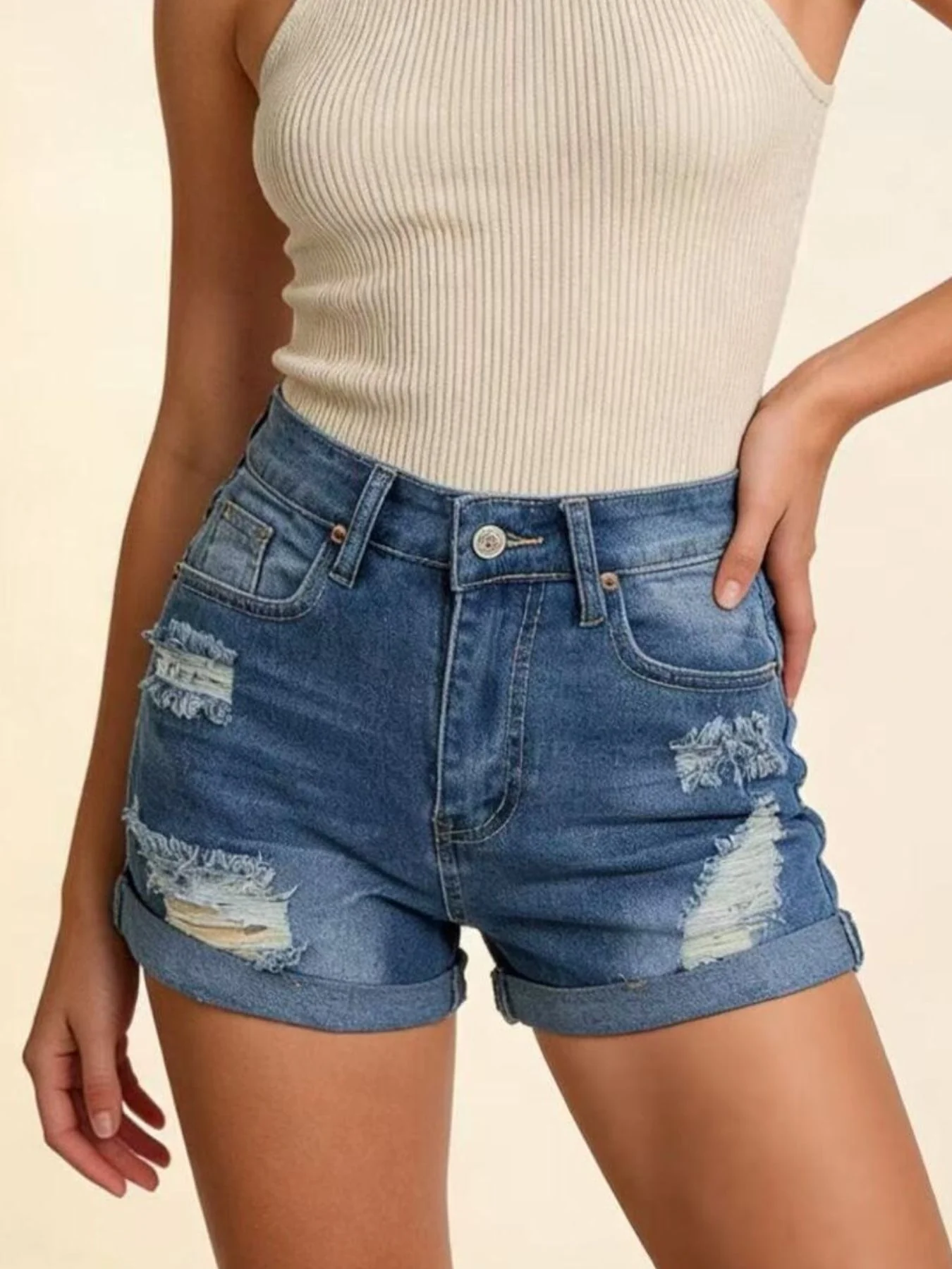 Distressed High-Waisted Denim Shorts - Image 6