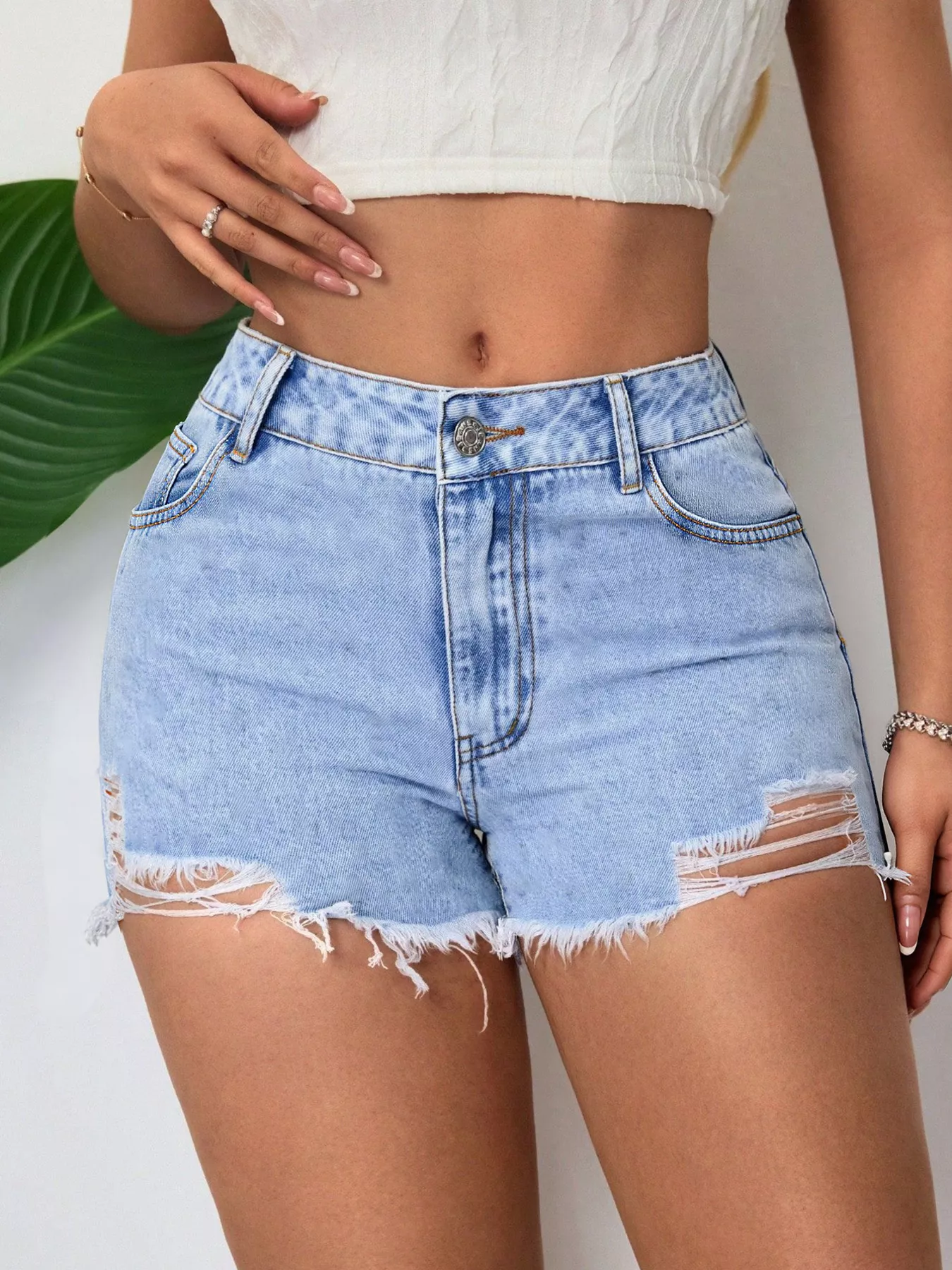 Distressed Raw Hem Denim Shorts - Image 2