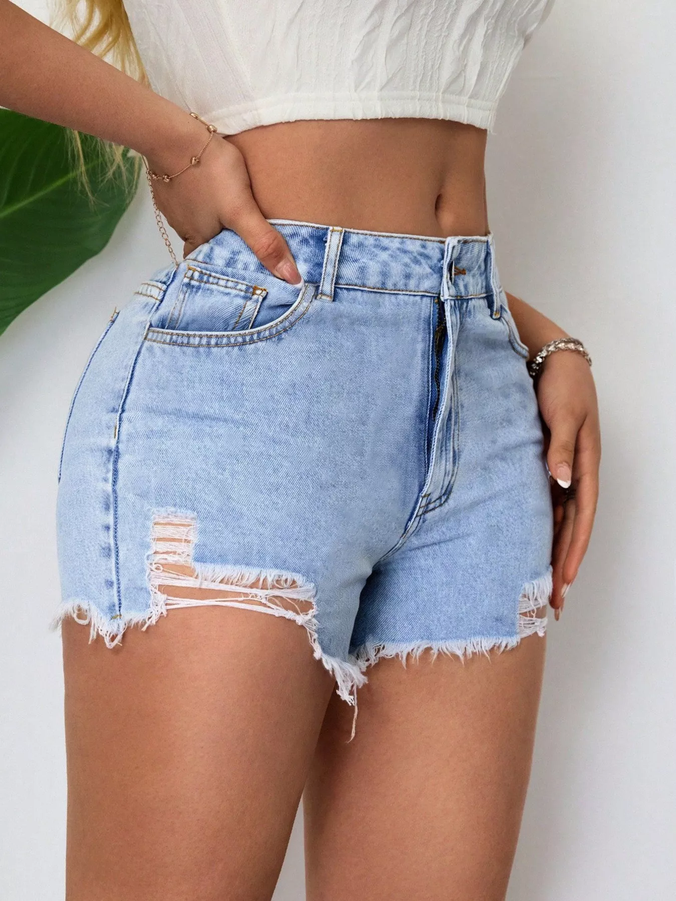 Distressed Raw Hem Denim Shorts - Image 3