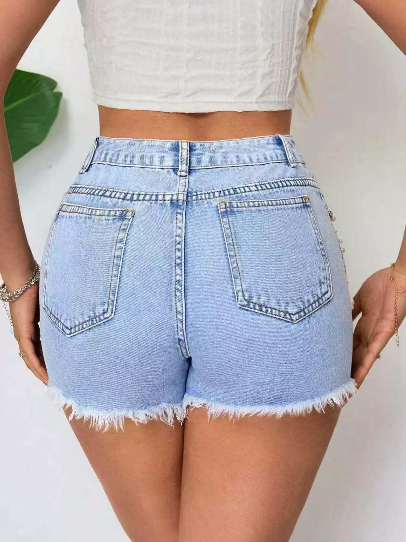 Distressed Raw Hem Denim Shorts - Image 4
