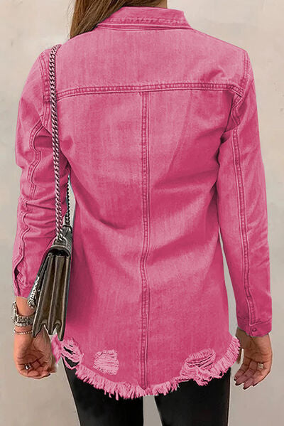 Distressed Raw Hem Snap Down Denim Jacket - Image 10
