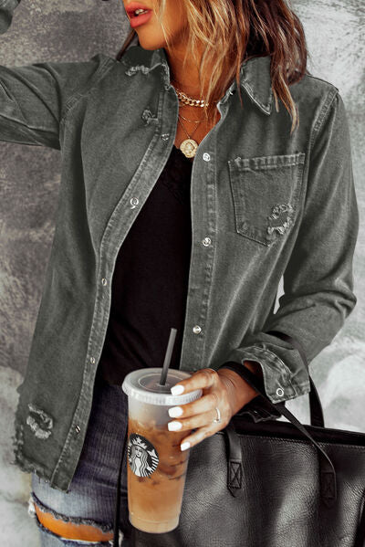 Distressed Raw Hem Snap Down Denim Jacket - Image 3