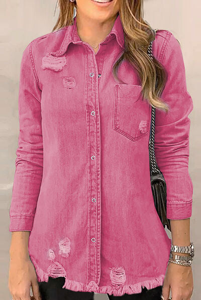 Distressed Raw Hem Snap Down Denim Jacket - Image 8