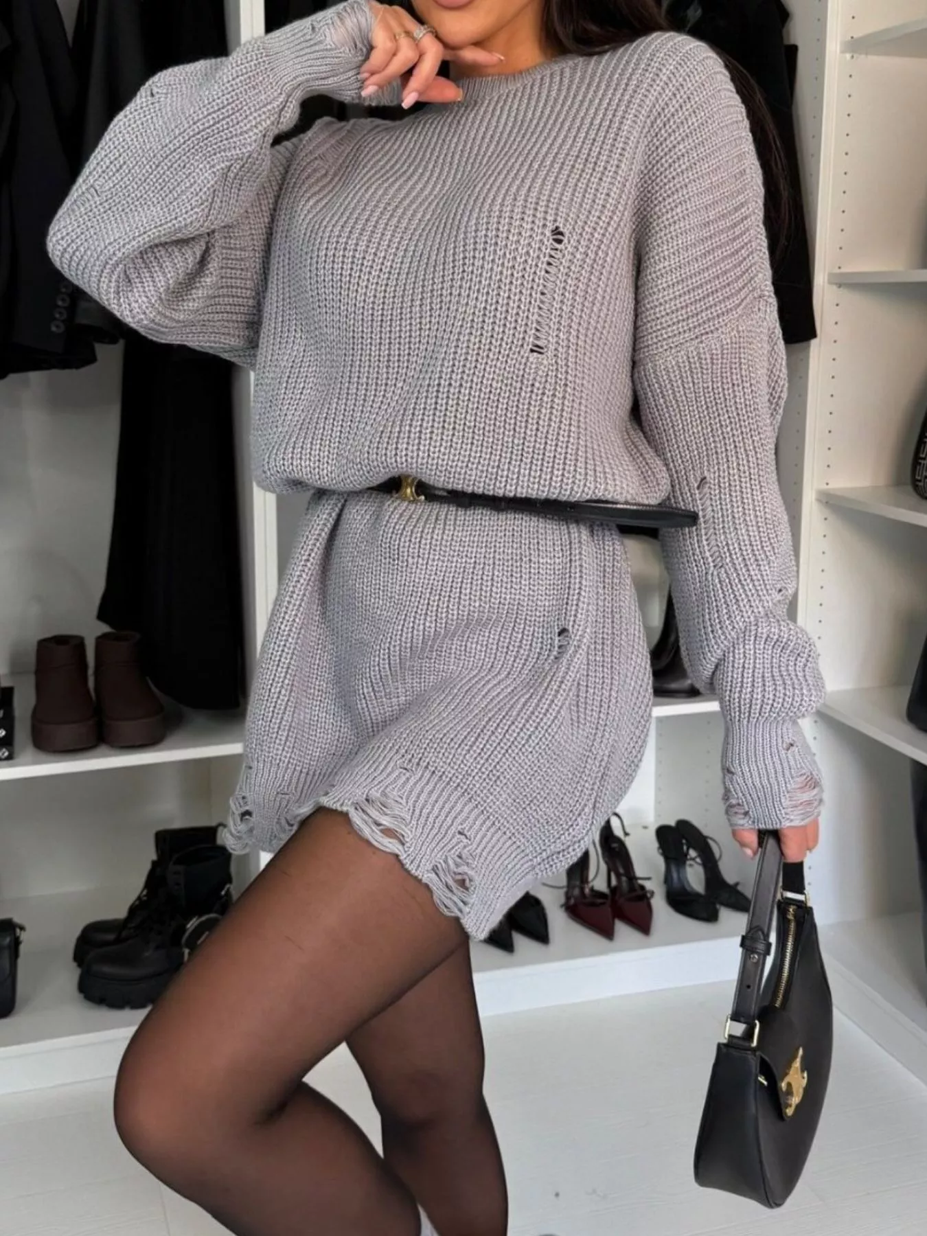 Distressed Round Neck Drop Shoulder Sweater Dress - Image 17