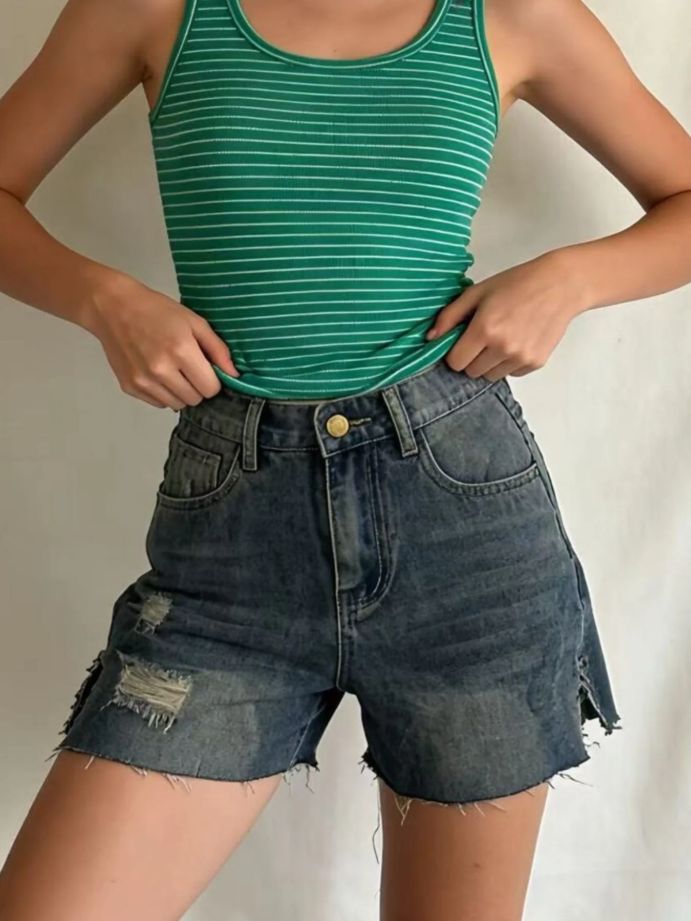 Distressed Slit Denim Shorts - Image 3