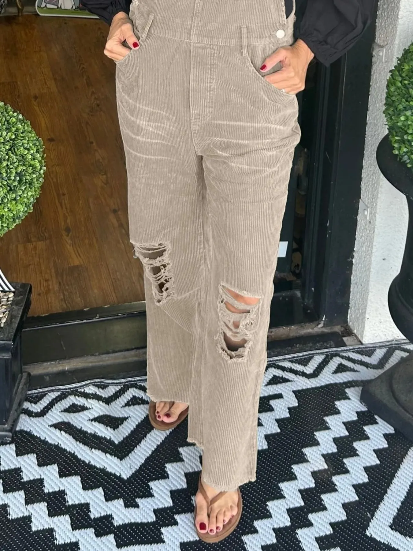 Distressed Wide Leg Corduroy Overalls - Image 12