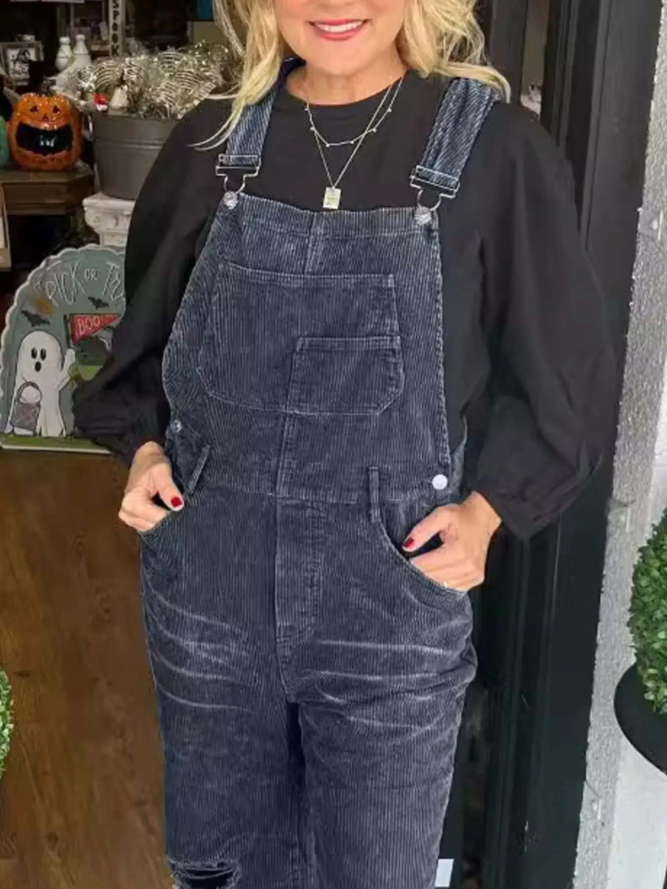 Distressed Wide Leg Corduroy Overalls - Image 14