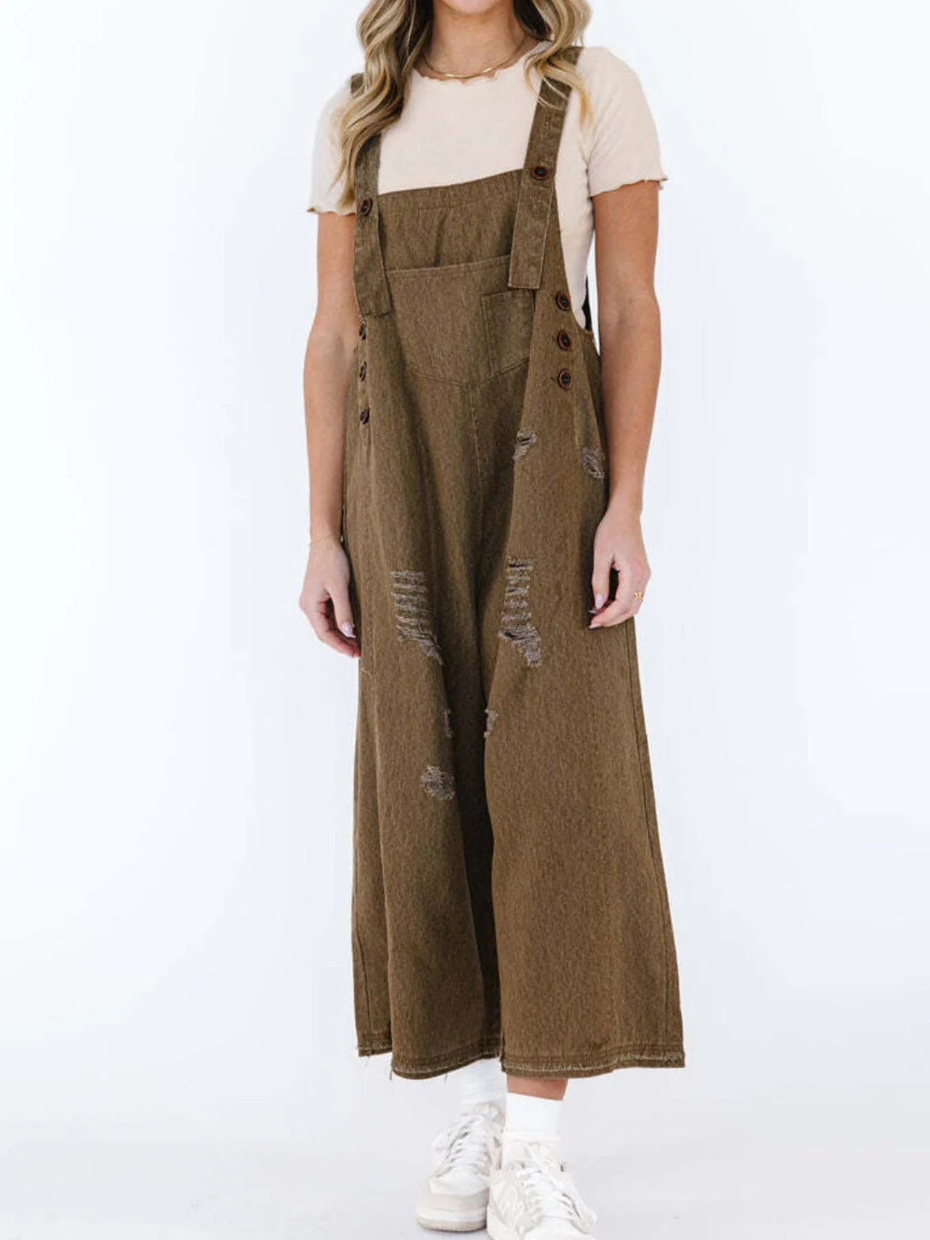 Distressed Wide Leg Denim Overalls - Image 13