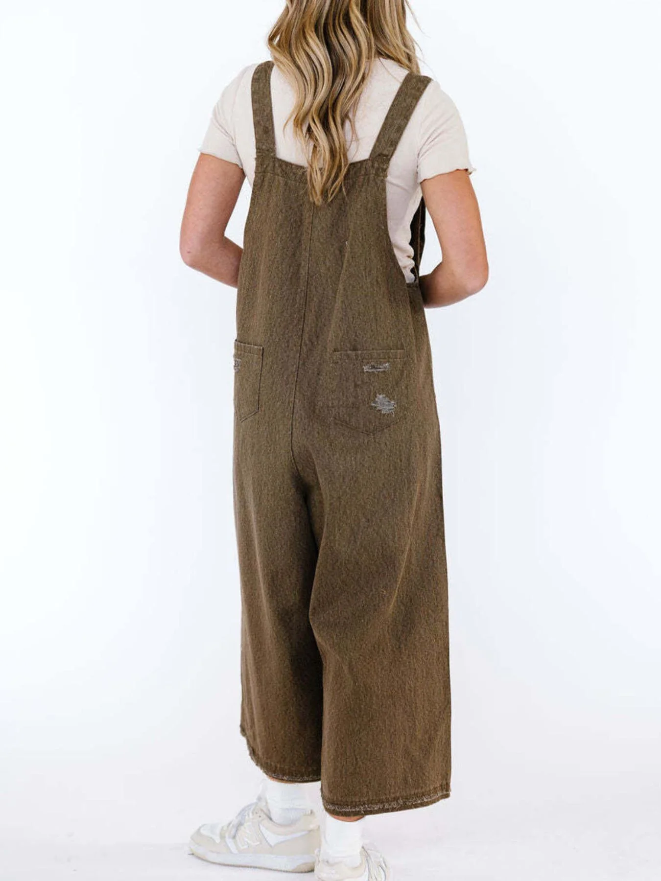 Distressed Wide Leg Denim Overalls - Image 15