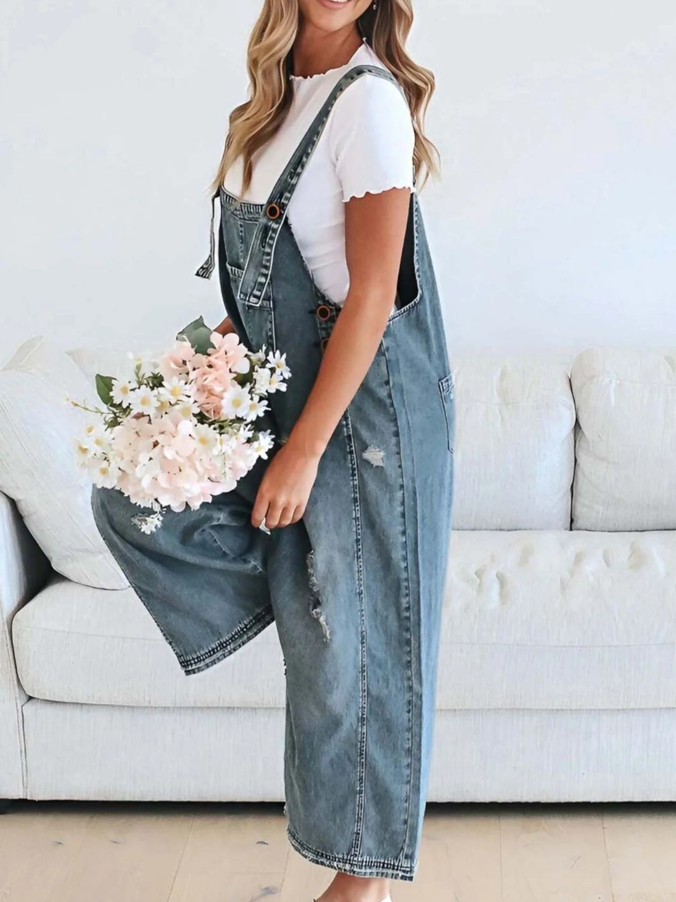 Distressed Wide Leg Denim Overalls - Image 4