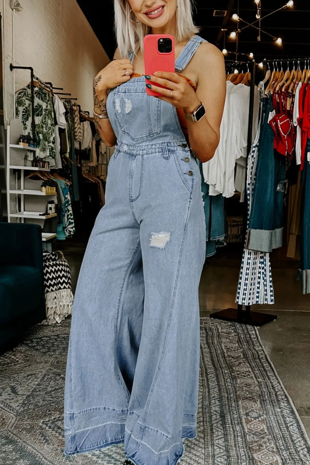 Distressed Wide Leg Denim Overalls - Image 2