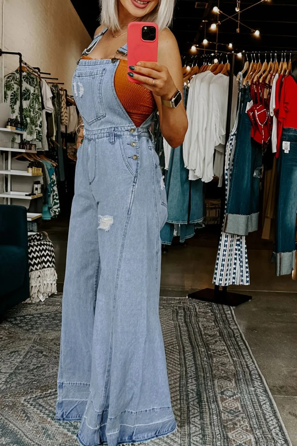 Distressed Wide Leg Denim Overalls - Image 3