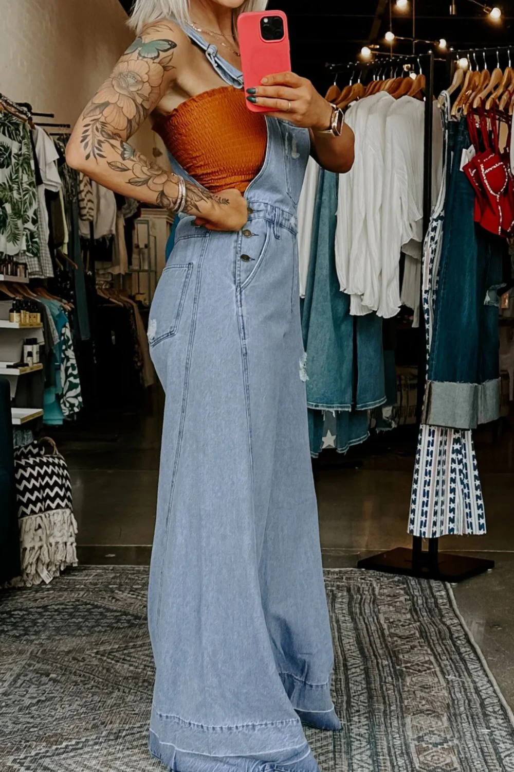 Distressed Wide Leg Denim Overalls - Image 4