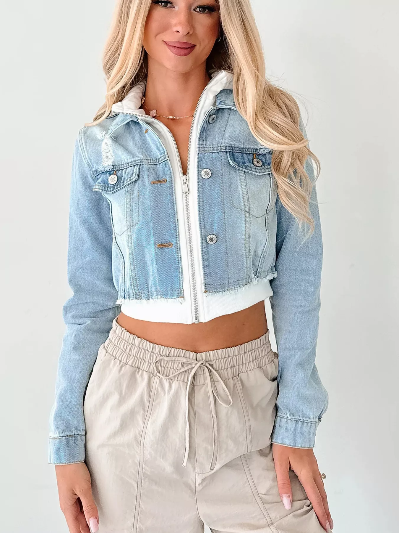 Distressed Zip Up Cropped Hooded Denim Jacket - Image 4