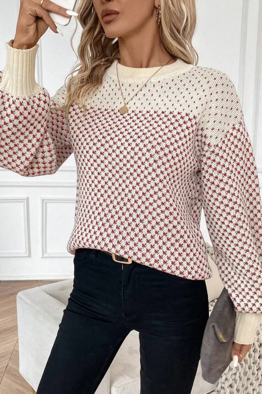 Dotted Colorblock Lantern Sleeve Sweater - Image 45