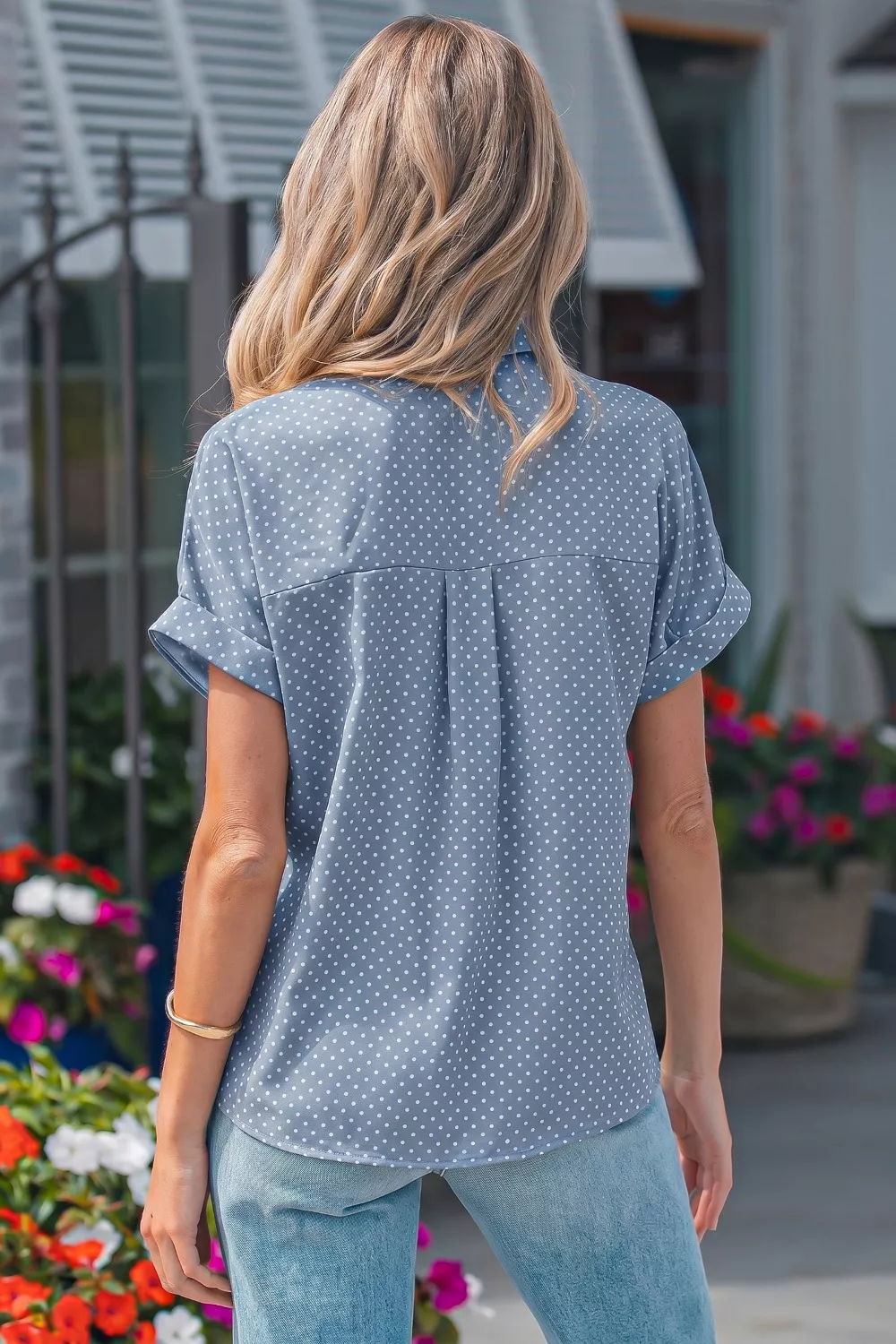 Dotted Print Cuffed Short Sleeve Shirt - Image 2