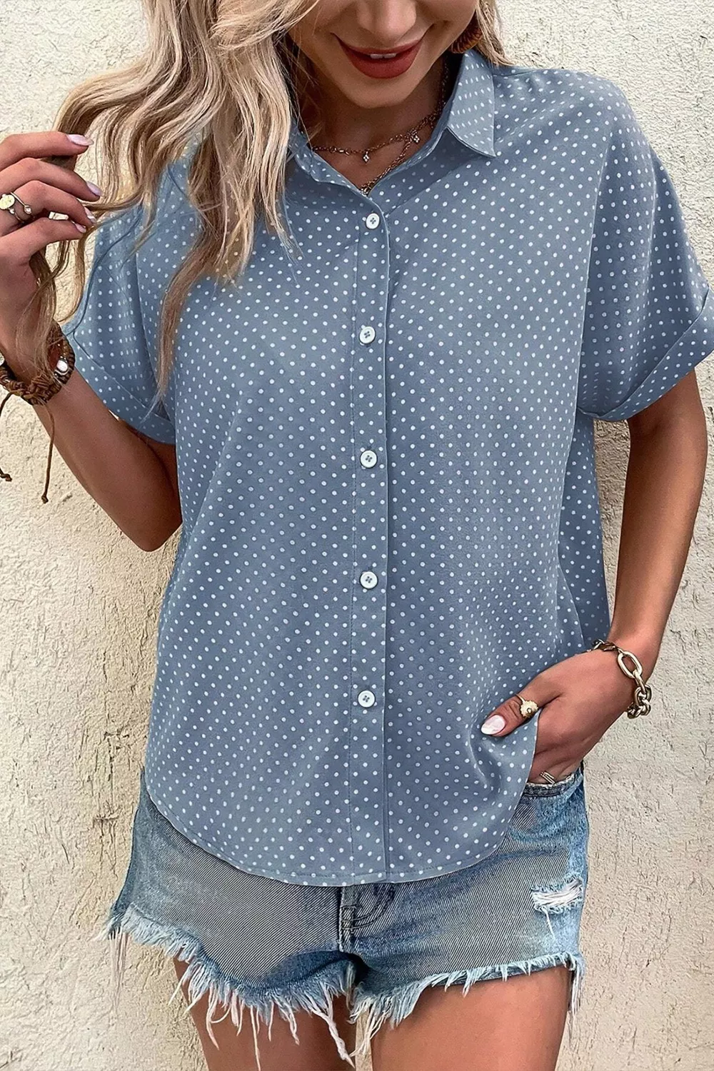 Dotted Print Cuffed Short Sleeve Shirt - Image 4