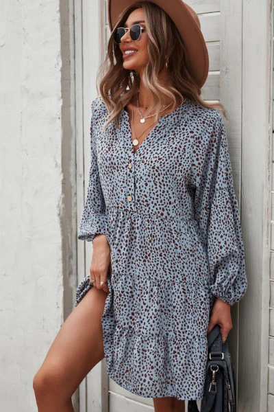 Dotted ruffled long sleeve tiered dress - Image 3