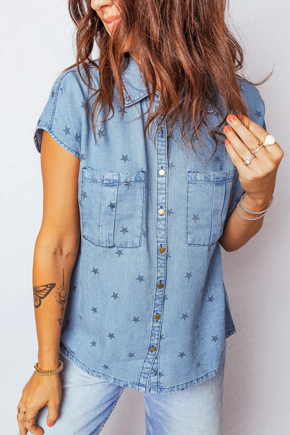 Double Chest Pocket Short Sleeve Denim Shirt - Image 3