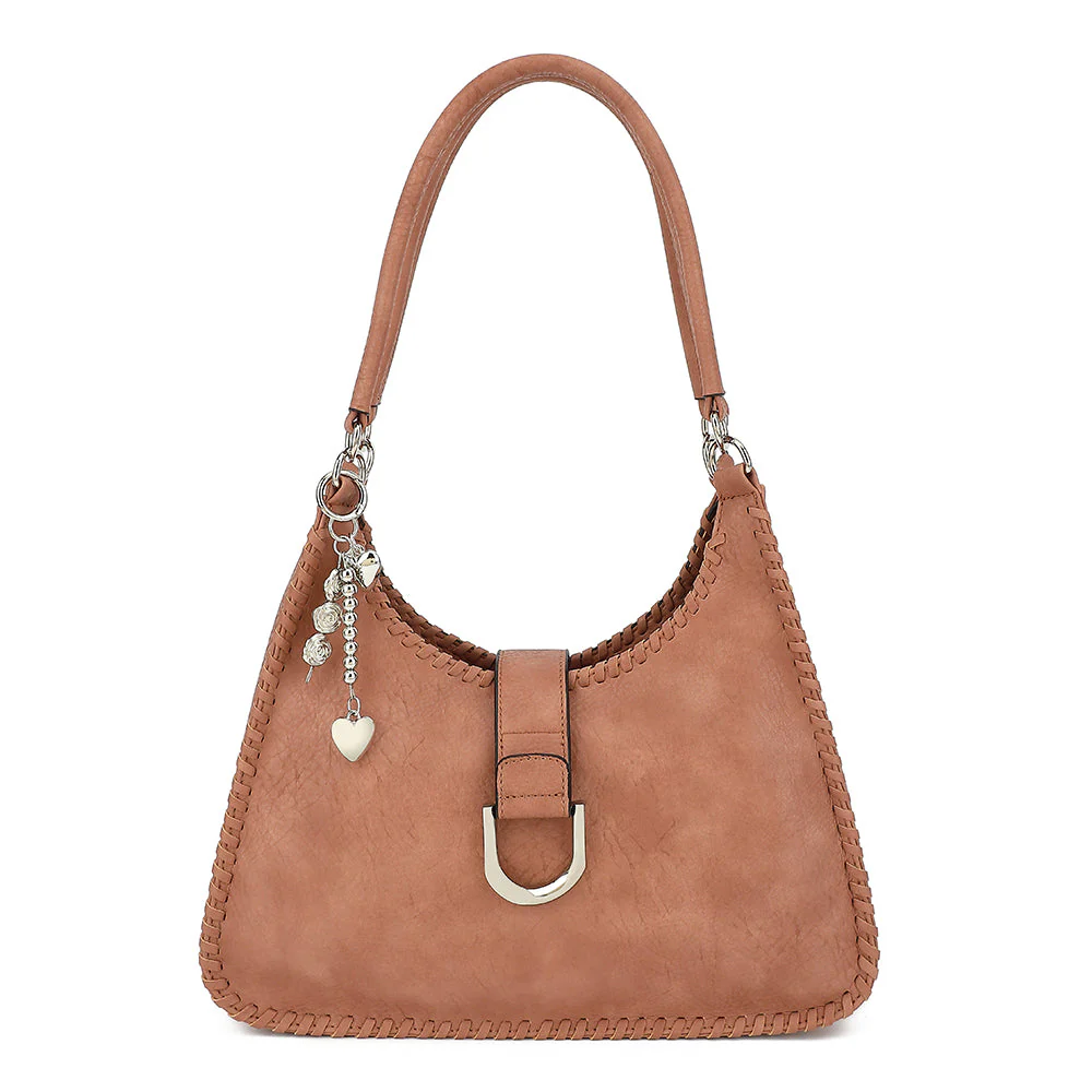 Double Handle Satchel with Whipstitch Detail and Charm - Image 3